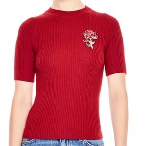 Sandro Red Patty Ribbed Sweater with Rose Embellishment - Small